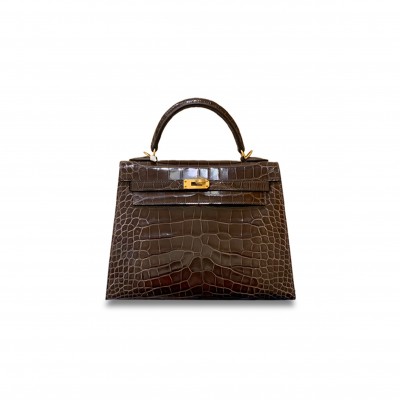 HERMÈS MASTER KELLY 25 SHINY ALLIGATOR LEATHER CHOCOLATE BROWN GOLD BUCKLE (25*17*7cm) 